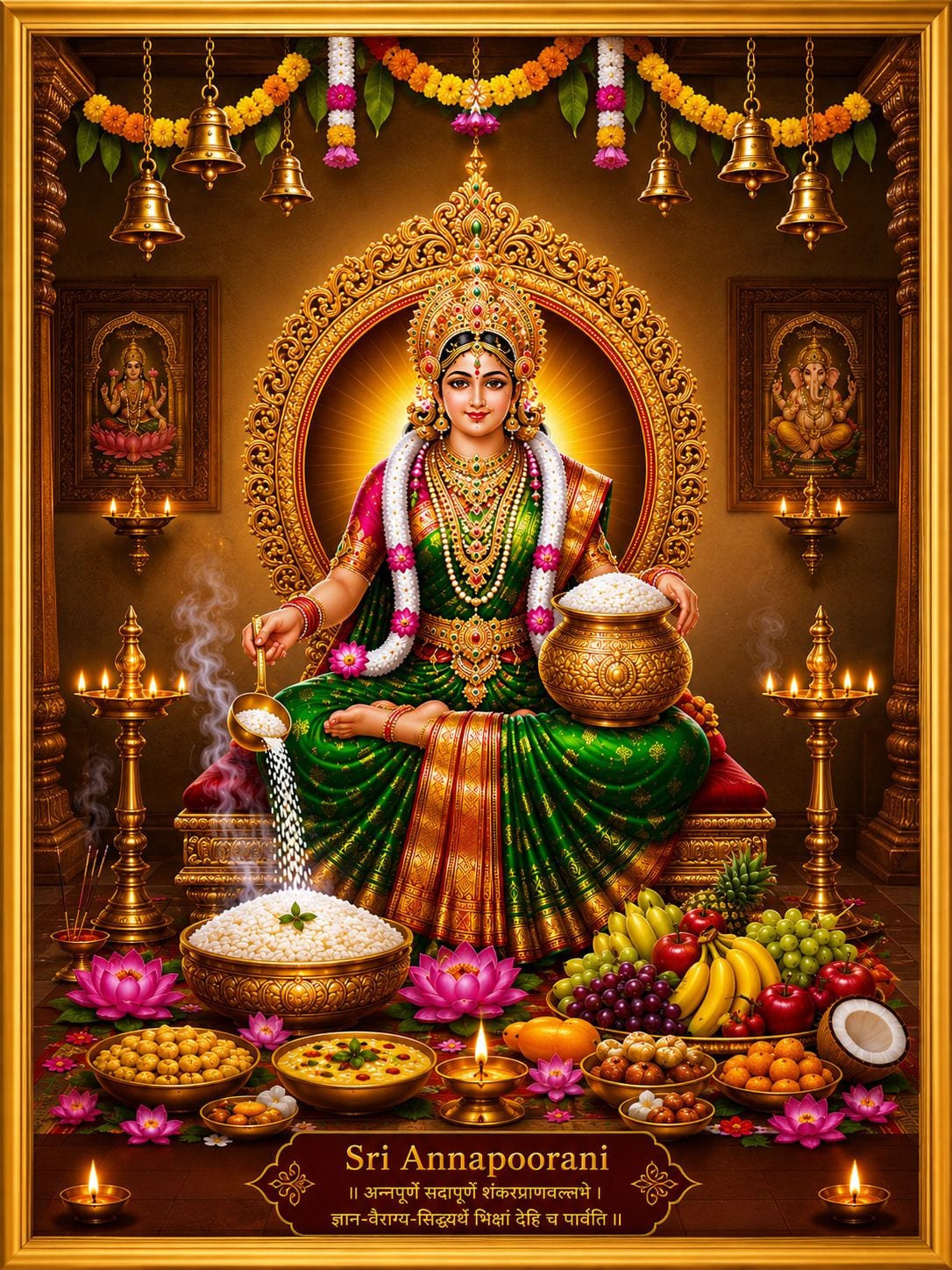 Sri Annapoorani Devi Wood Religious Frame — 22x17 cm
