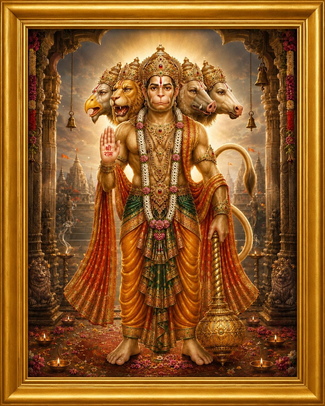 Panchmukhi Hanuman Gold Religious Frame for Pooja Room — 22x17 cm