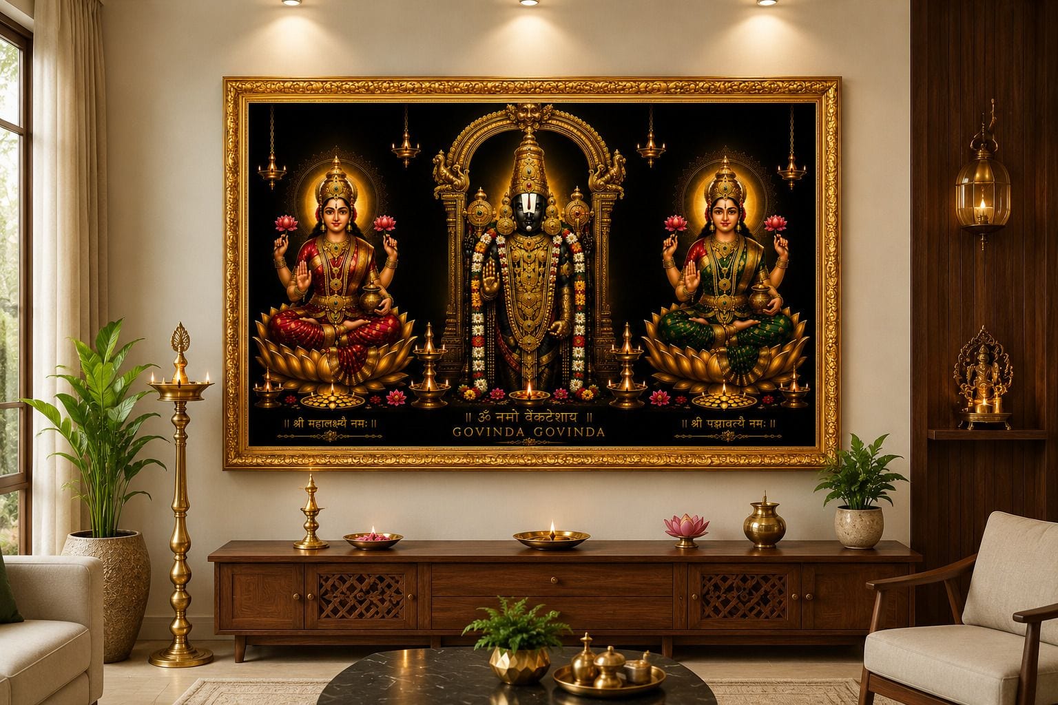 Lord Venkateswara with Goddess Lakshmi & Padmavati Religious Photo Frame — 33x24 cm