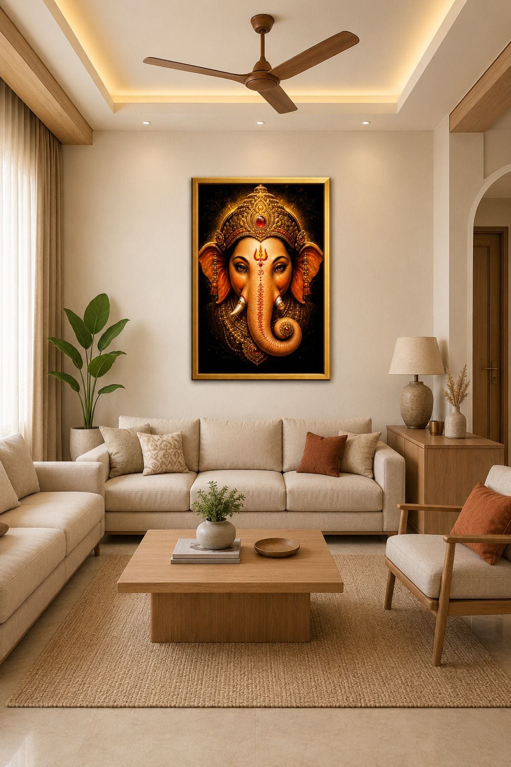 Lord Ganesha Golden Framed Wall Painting for Home and Pooja Room — 33x24 cm