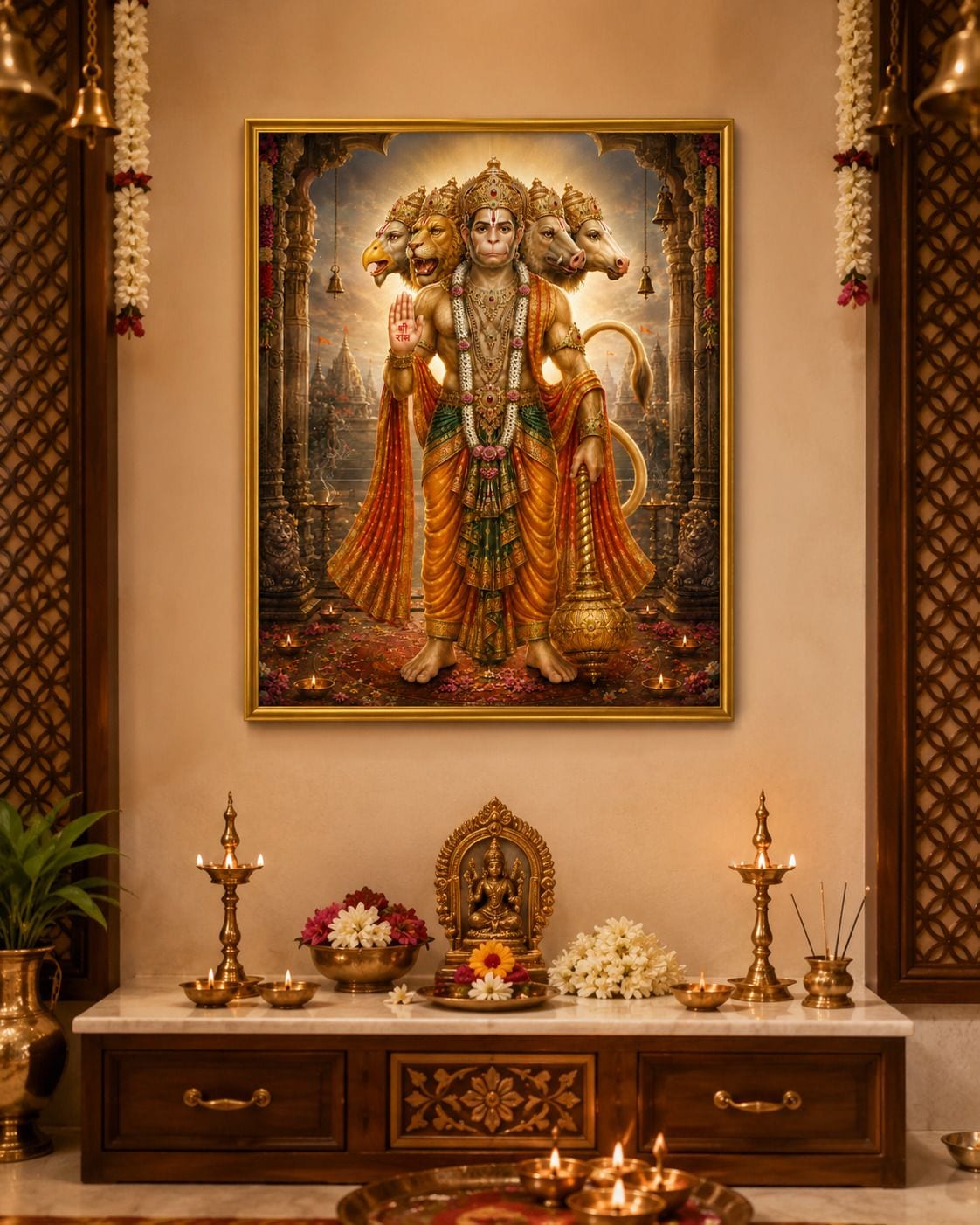 Panchmukhi Hanuman Gold Religious Frame for Pooja Room — 33x24 cm