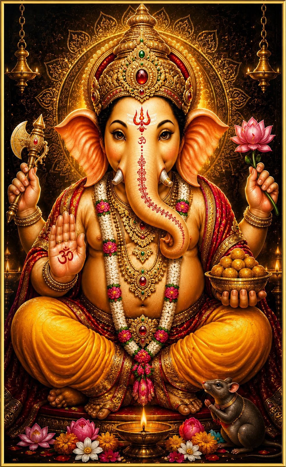 Lord Ganesha Golden Frame Wall Painting for Pooja Room and Living Room — 33x24 cm