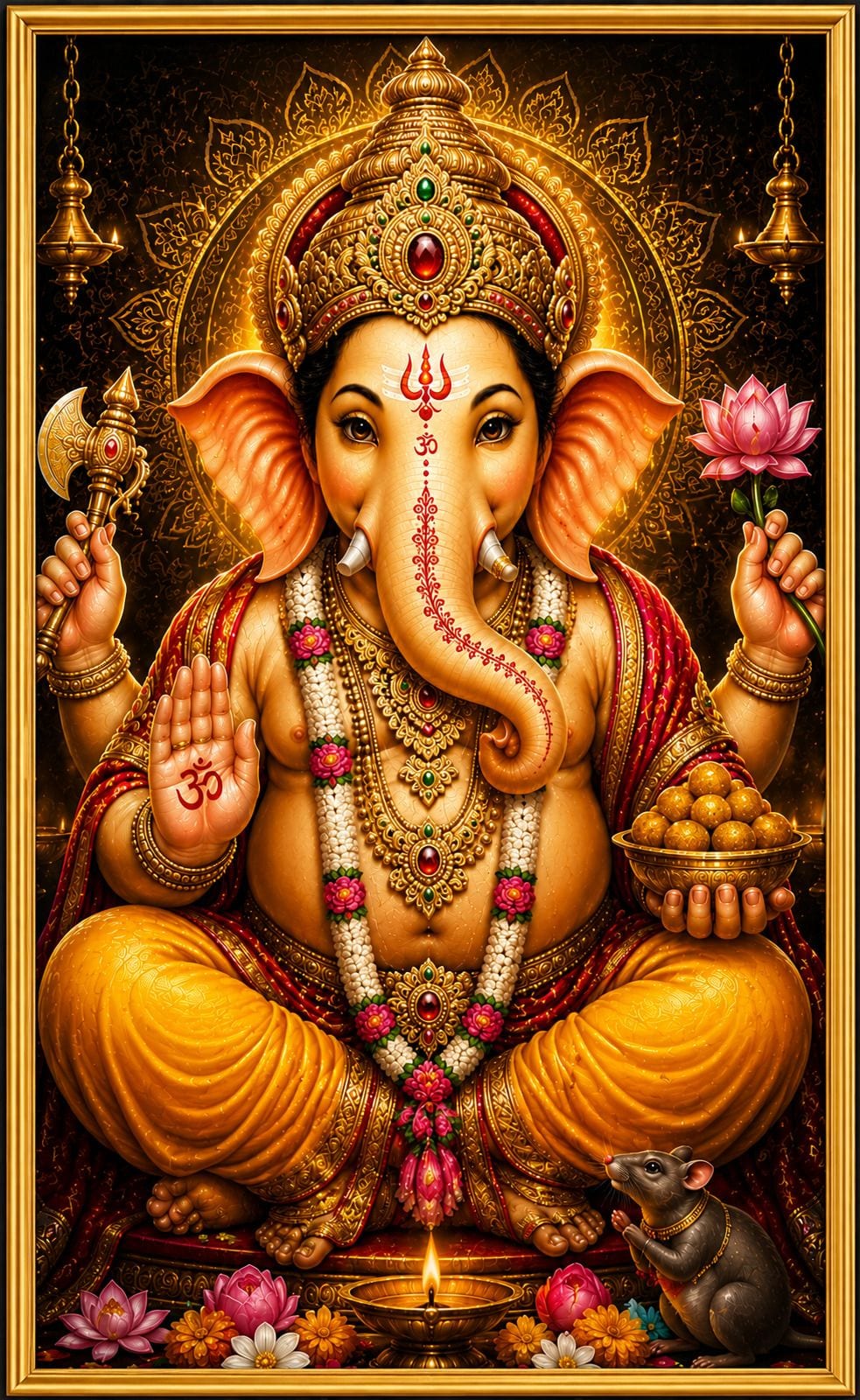 Lord Ganesha Golden Frame Wall Painting for Pooja Room and Living Room — 33x24 cm