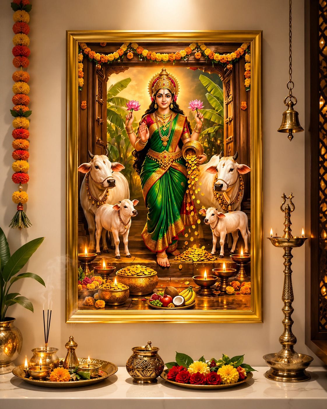 Goddess Lakshmi with Cow and Calf Religious frame 35.6 × 25.4 cm — 35.6x25.4 cm