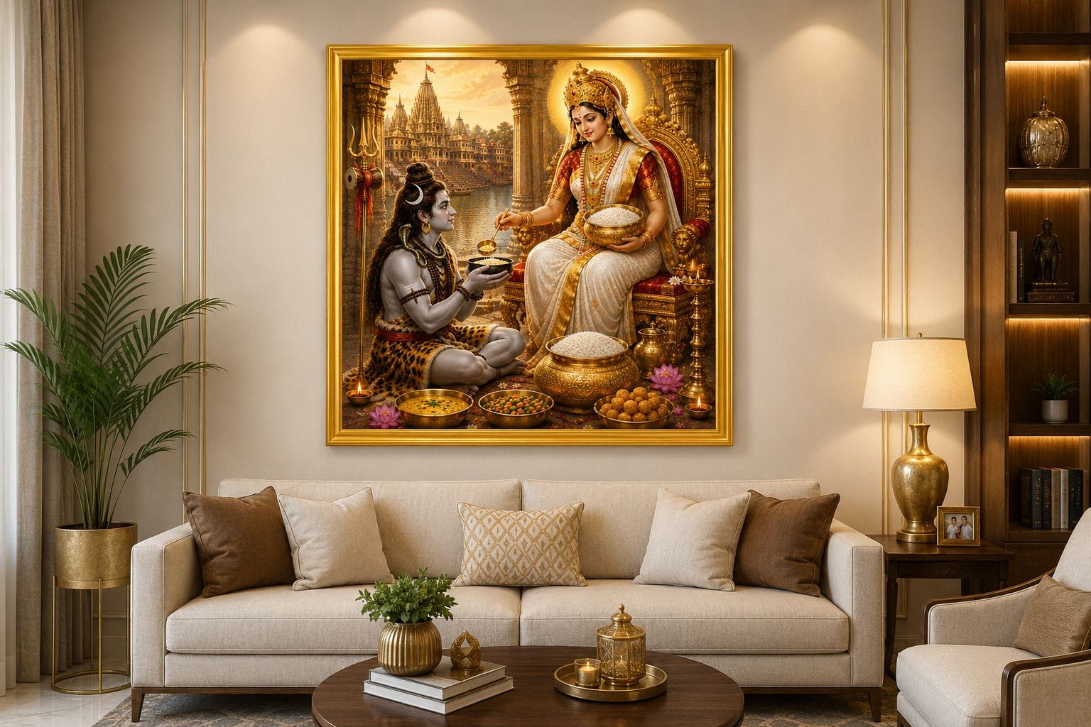 Maa Annapurna Devi Feeding Lord Shiva Golden Frame Wall Photo — 24x19 cm