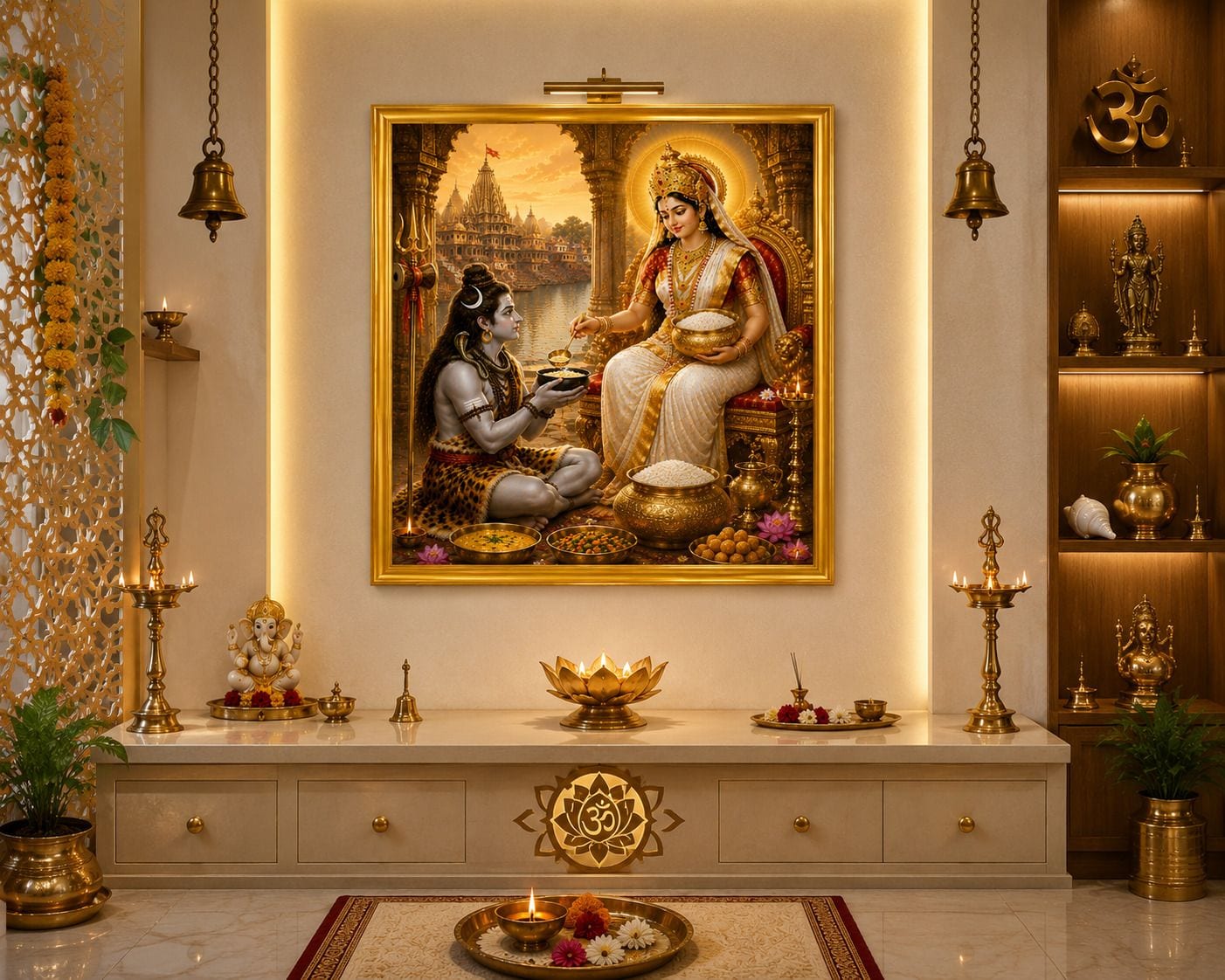 Maa Annapurna Devi Feeding Lord Shiva Golden Frame Wall Photo — 24x19 cm