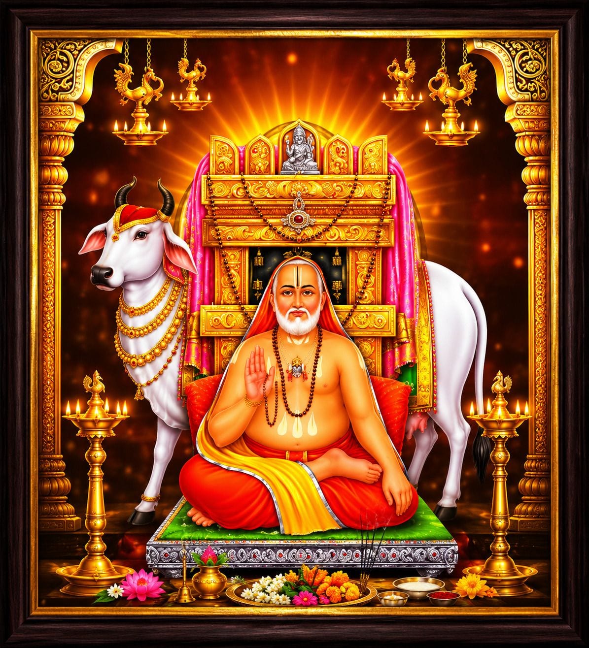 Shri Raghavendra Swamy with Kamadhenu Cow Wall Photo Religious Photo Frame — 24x19 cm