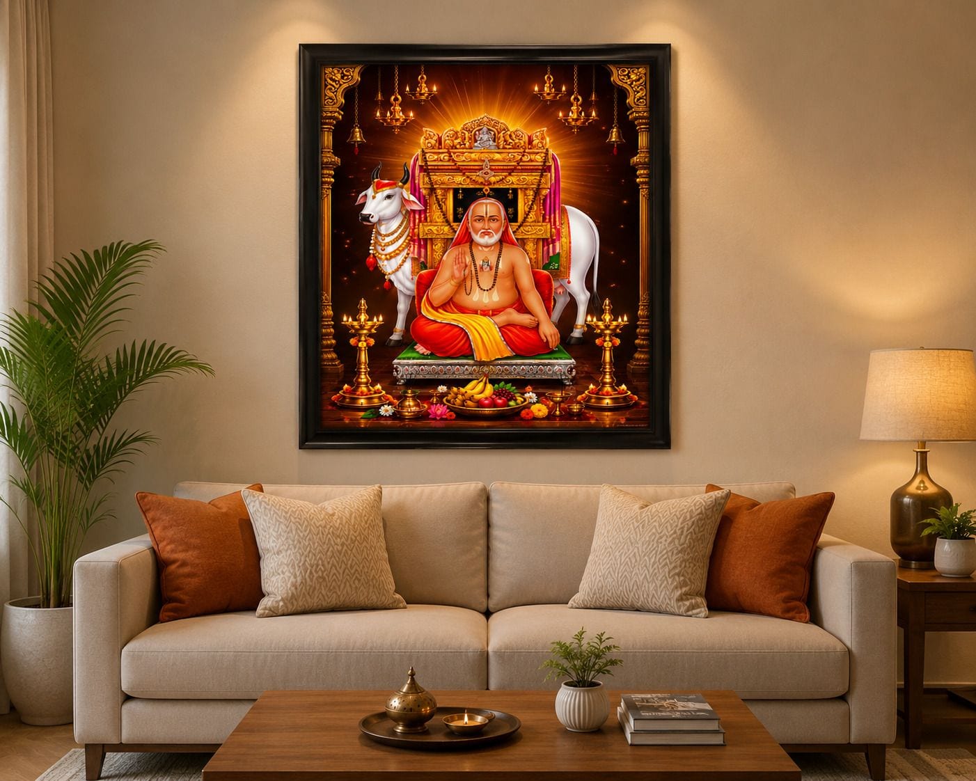 Shri Raghavendra Swamy with Kamadhenu Cow Wall Photo Religious Photo Frame — 24x19 cm