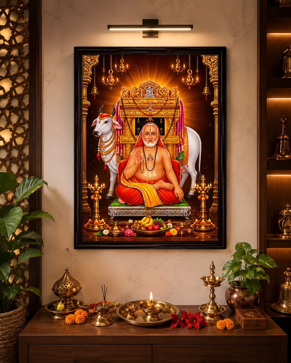 Shri Raghavendra Swamy with Kamadhenu Cow Wall Photo Religious Photo Frame — 24x19 cm
