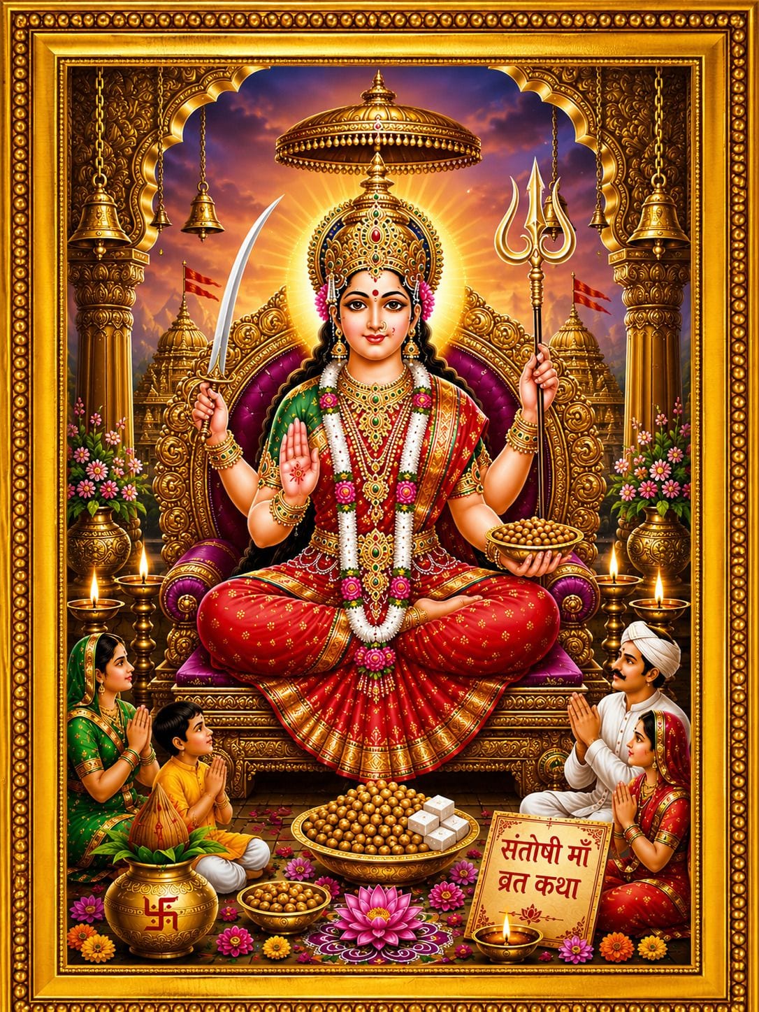 Santoshi Maa Vrat Katha Golden Frame — 24x19 cm