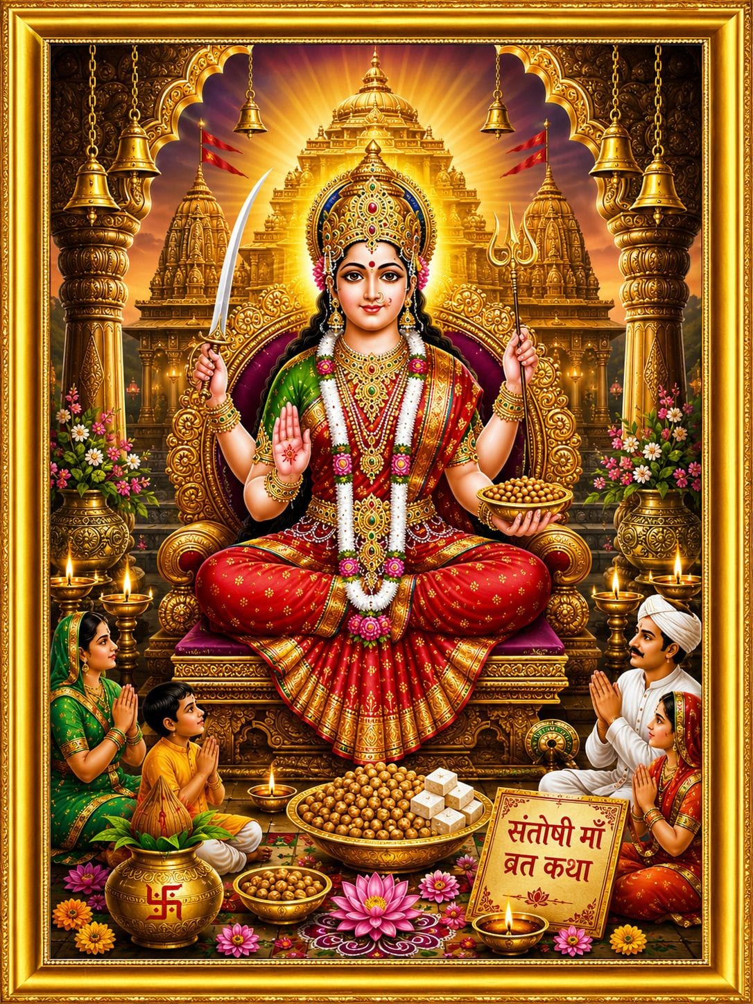Santoshi Maa Vrat Katha Golden Frame — 24x19 cm