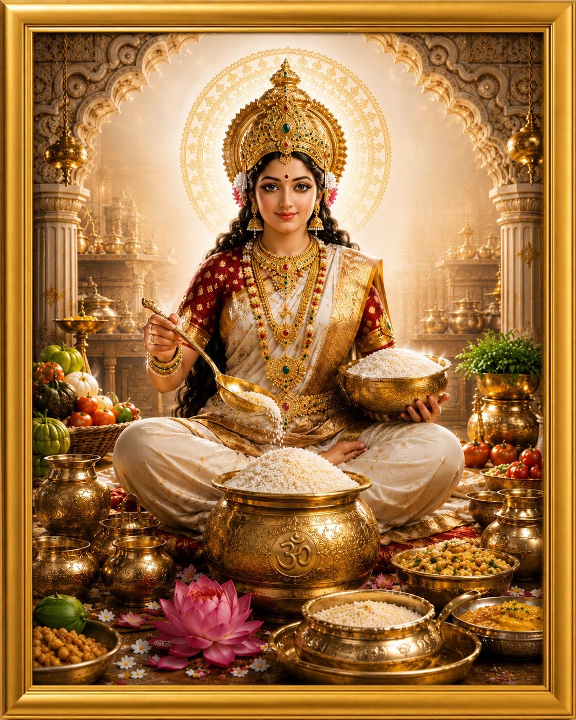 Maa Annapurna Devi Golden Frame Wall Photo for Pooja Room — 24x19 cm