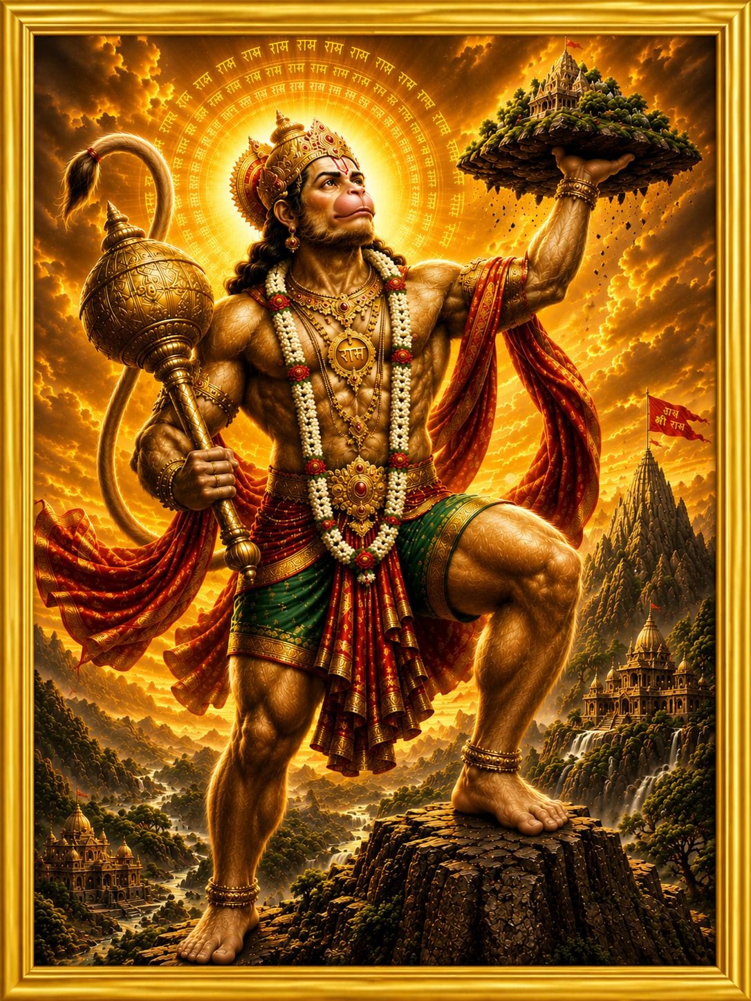 Lord Hanuman Ji Sanjeevani Mountain Golden Frame Wall Photo — 24x19 cm