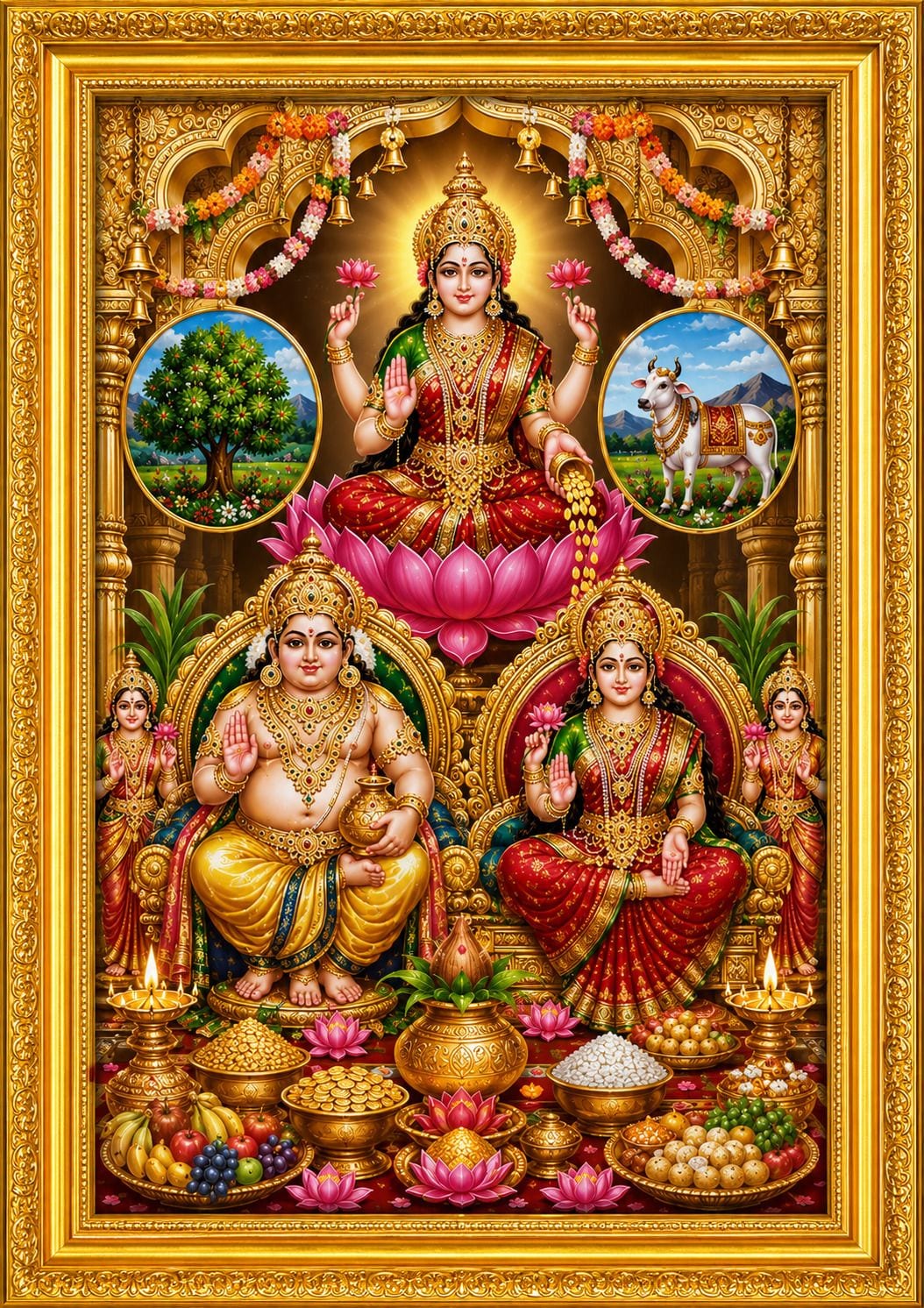 Lakshmi Kuber Dhan Varsha Photo Frame with Kamdhenu & Kalpavriksha — 24x19 cm