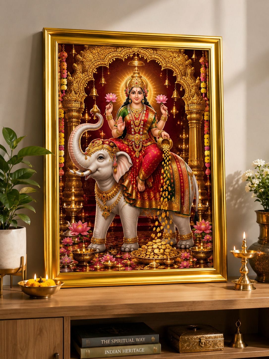 Maa Lakshmi on Airavat Elephant Golden Frame — 24x19 cm