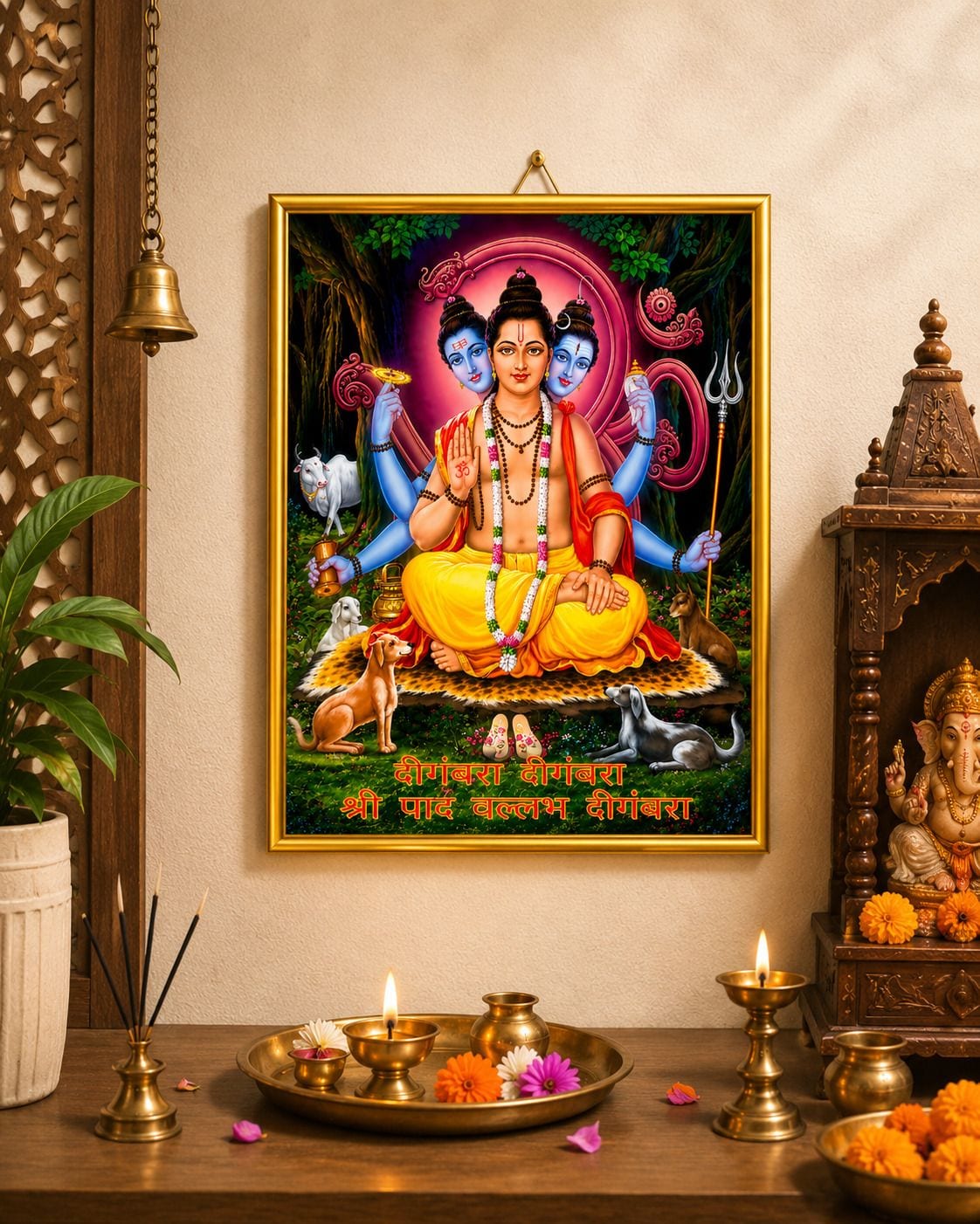 Shri Pada Vallabha Dattatreya Ji Golden Frame Wall Photo — 24x19 cm