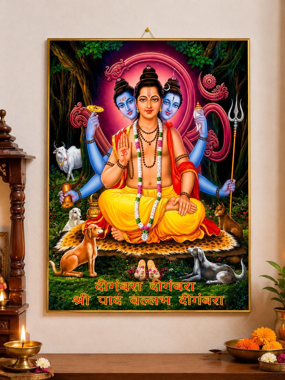 Shri Pada Vallabha Dattatreya Ji Golden Frame Wall Photo — 24x19 cm