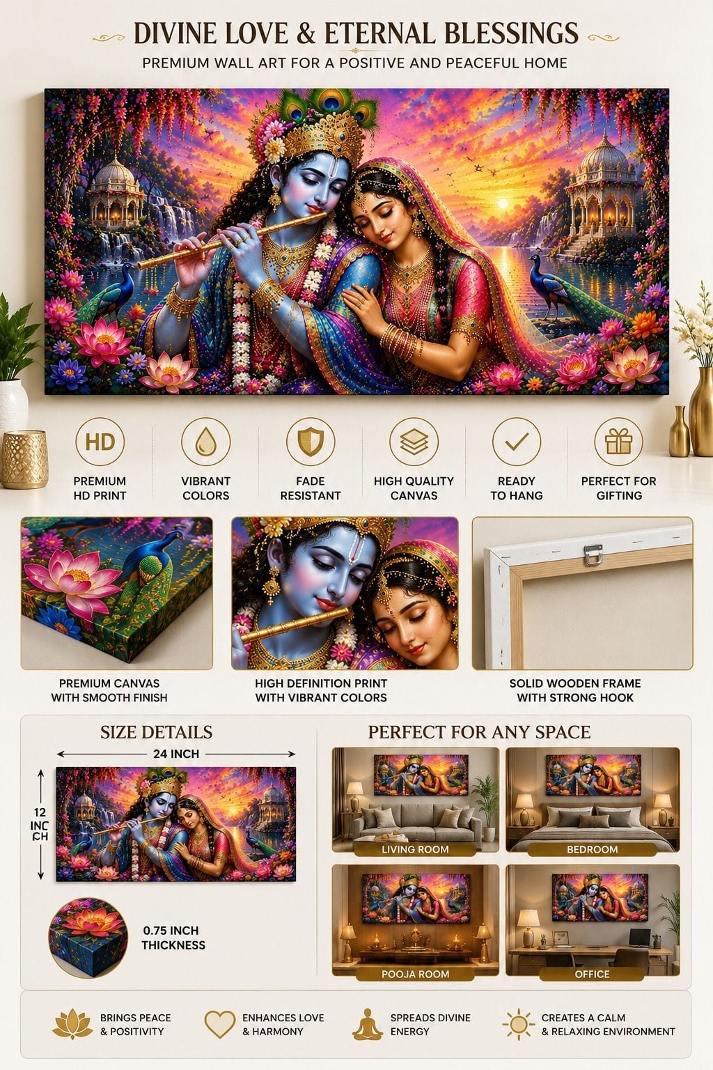 Radha Krishna Framed Ink 12 inch x 24 inch Painting (Without Frame) — 29x60 cm