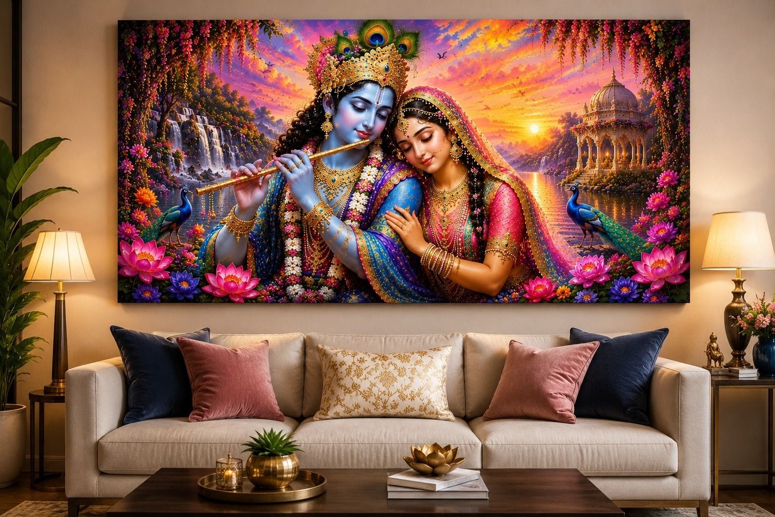 Radha Krishna Framed Ink 12 inch x 24 inch Painting (Without Frame) — 29x60 cm