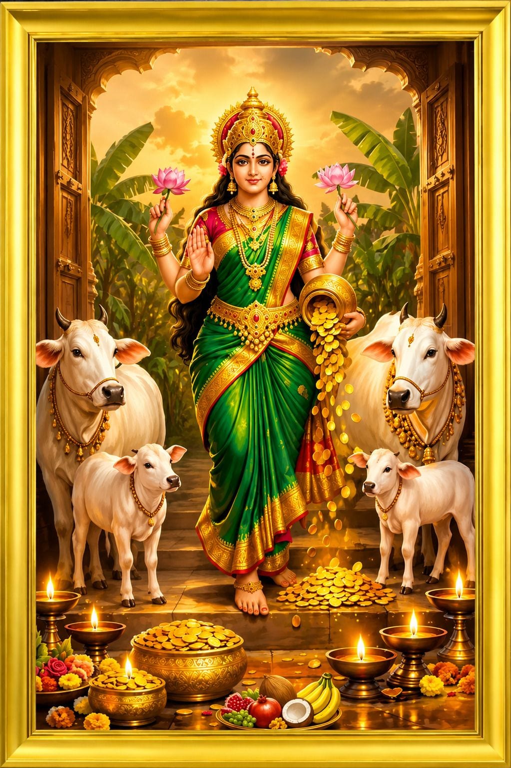 Divine Goddess Lakshmi Wall Painting with Cow & Calf — 24x19 cm