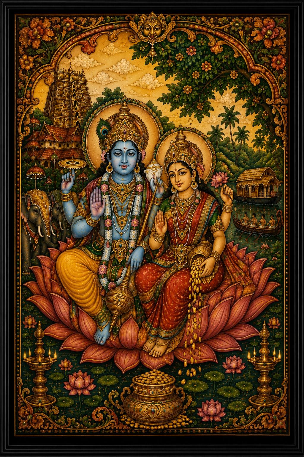 Divine Vishnu Lakshmi Wall Painting with Black Frame — 24x19 cm
