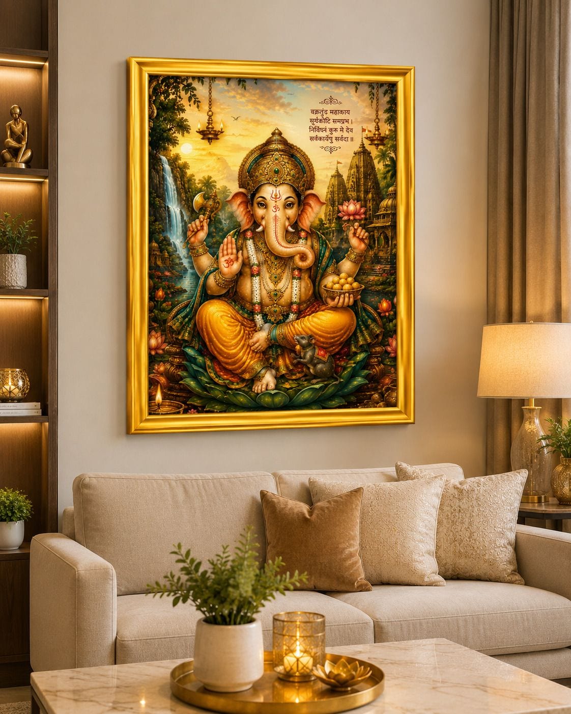 Lord Ganesha Golden Frame Wall Painting for Pooja Room — 24x19 cm