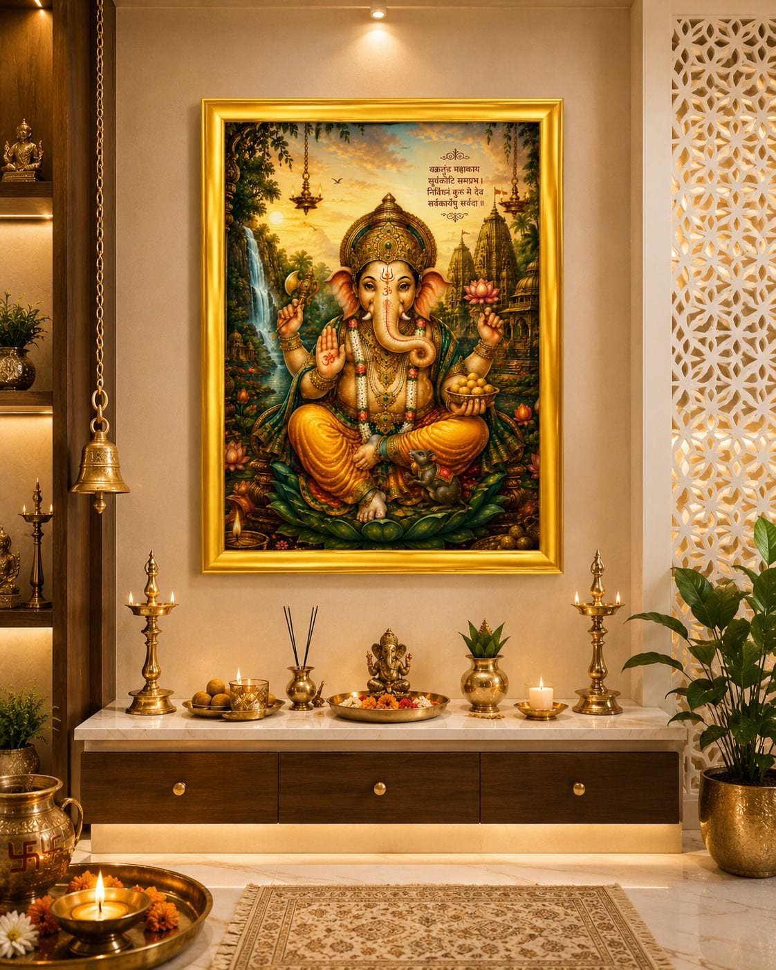 Lord Ganesha Golden Frame Wall Painting for Pooja Room — 24x19 cm