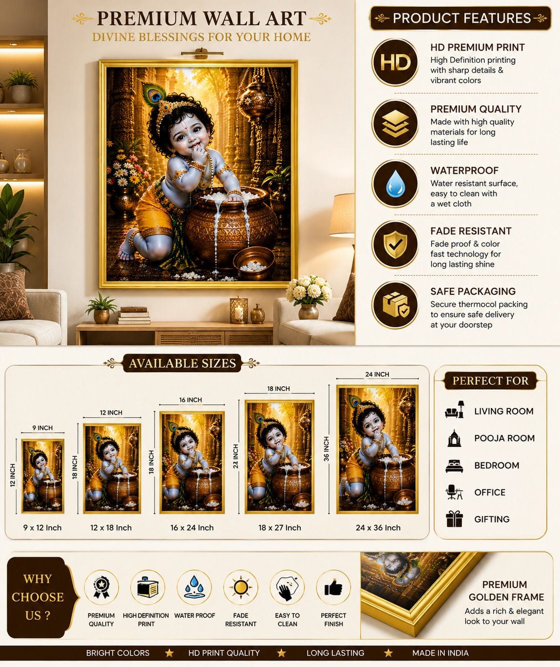 Baby Krishna Makhan Chor MDF Wall Painting with Premium Golden Frame — 24x19 cm