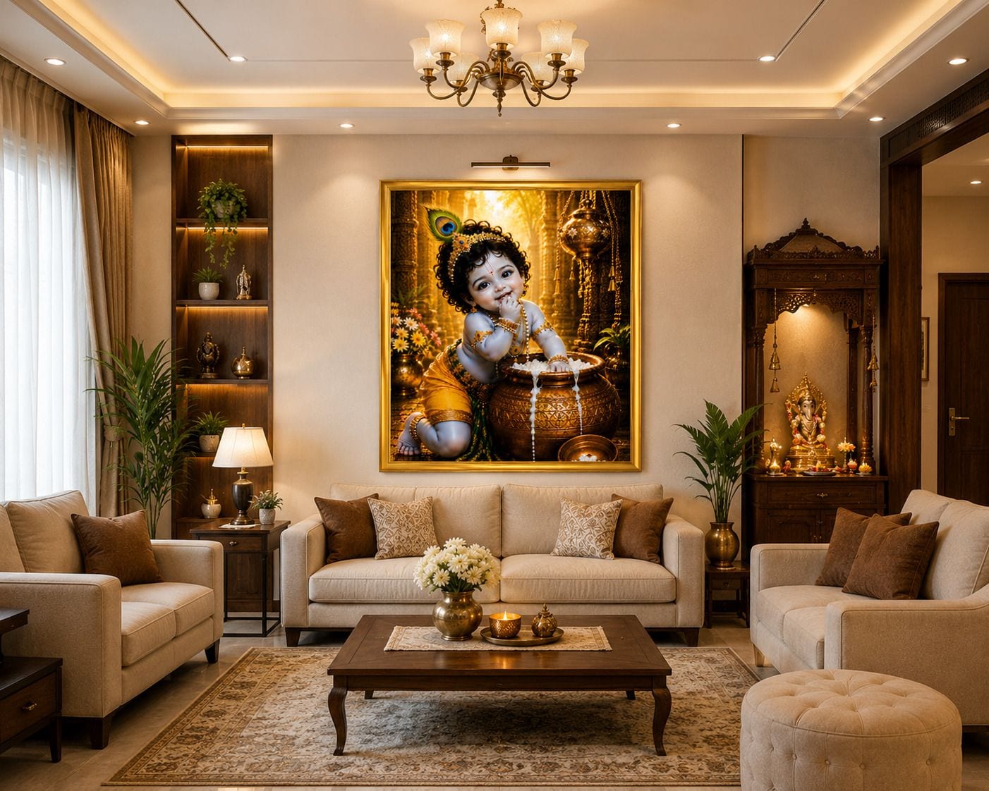 Baby Krishna Makhan Chor MDF Wall Painting with Premium Golden Frame — 24x19 cm