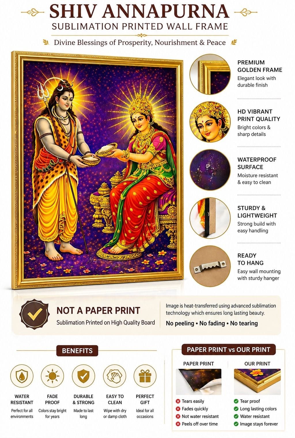 Shiv Annapurna Photo Frame Printed on MDF Living Room (24 x 36) — 92x59 cm