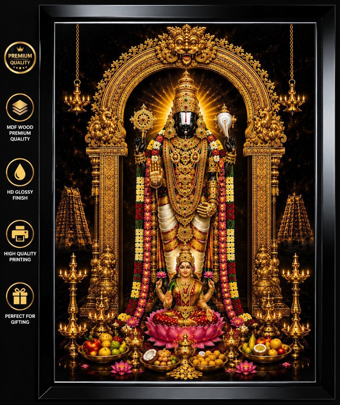 Tirupati Balaji with Laksmi ji HD Glossy MDF Painting with Black Canvas Frame — 60x45 cm