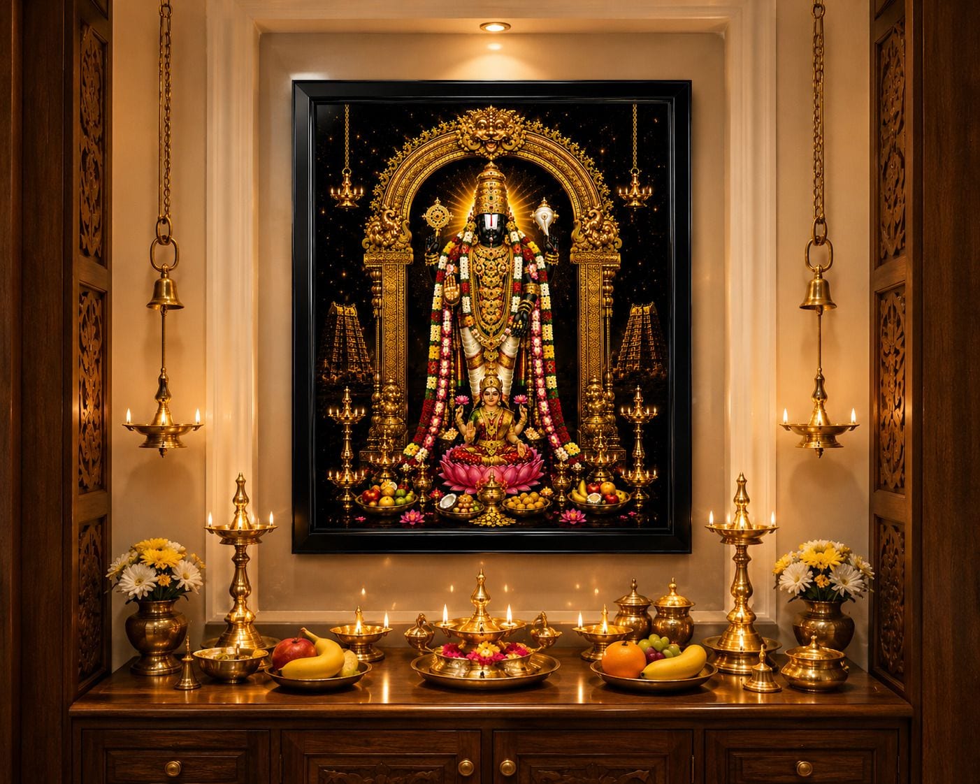 Tirupati Balaji with Laksmi ji HD Glossy MDF Painting with Black Canvas Frame — 60x45 cm