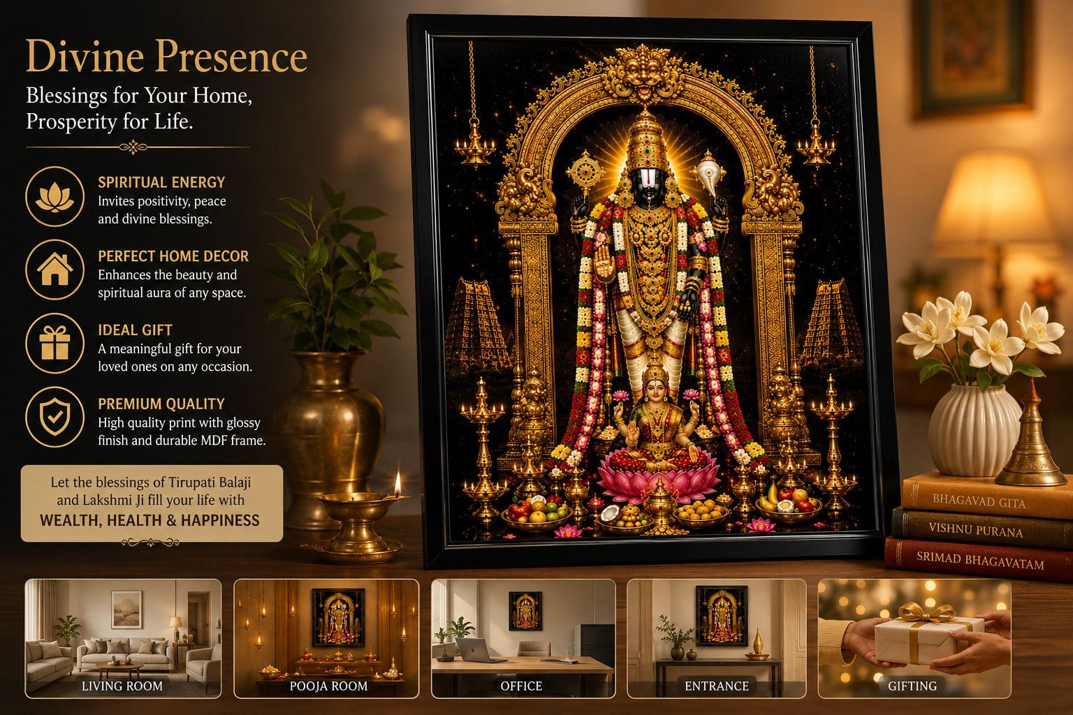 Tirupati Balaji with Laksmi ji HD Glossy MDF Painting with Black Canvas Frame — 60x60 cm