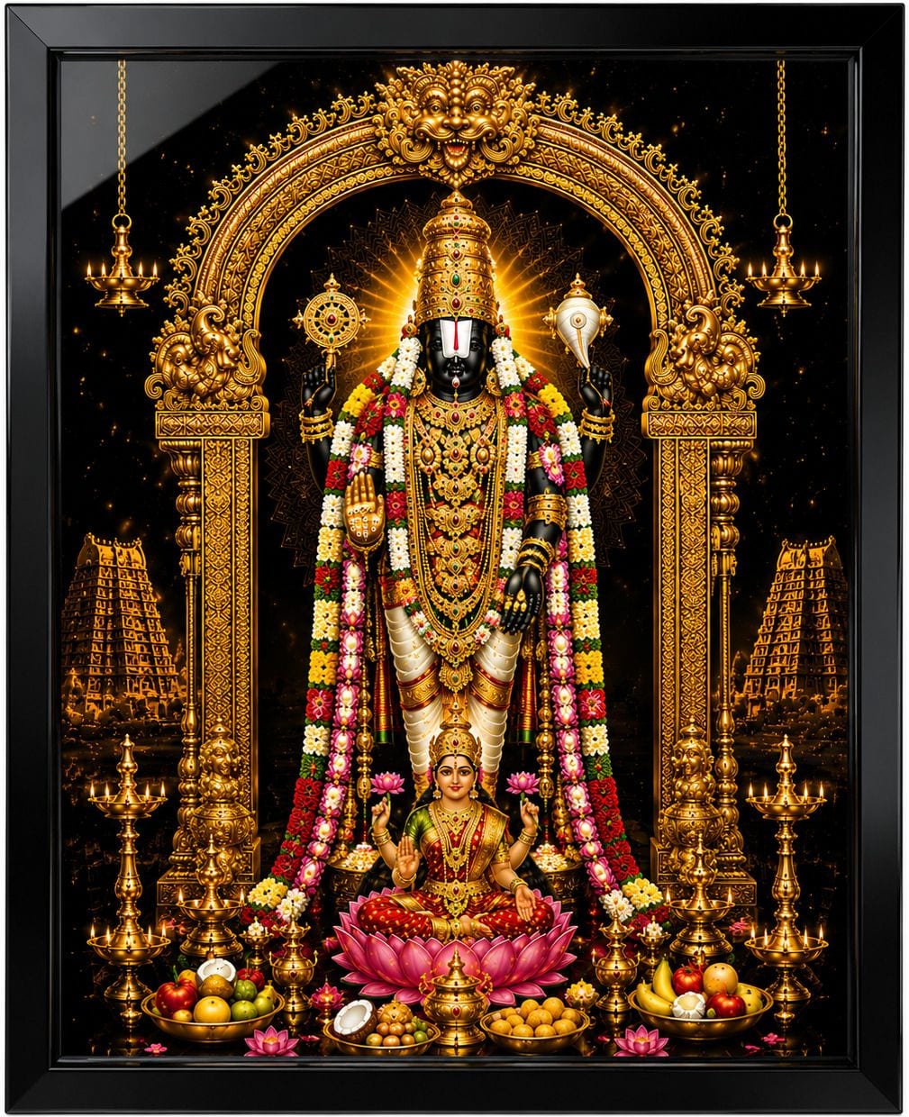 Tirupati Balaji with Laksmi ji HD Glossy MDF Painting with Black Canvas Frame — 60x60 cm