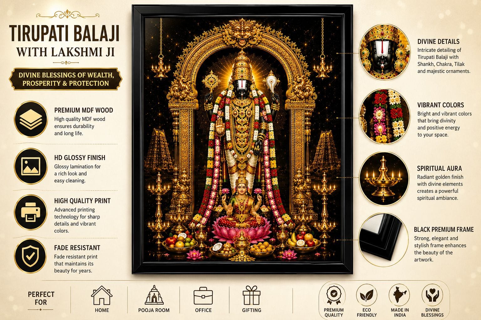 Tirupati Balaji with Laksmi ji HD Glossy MDF Painting with Black Canvas Frame — 60x60 cm