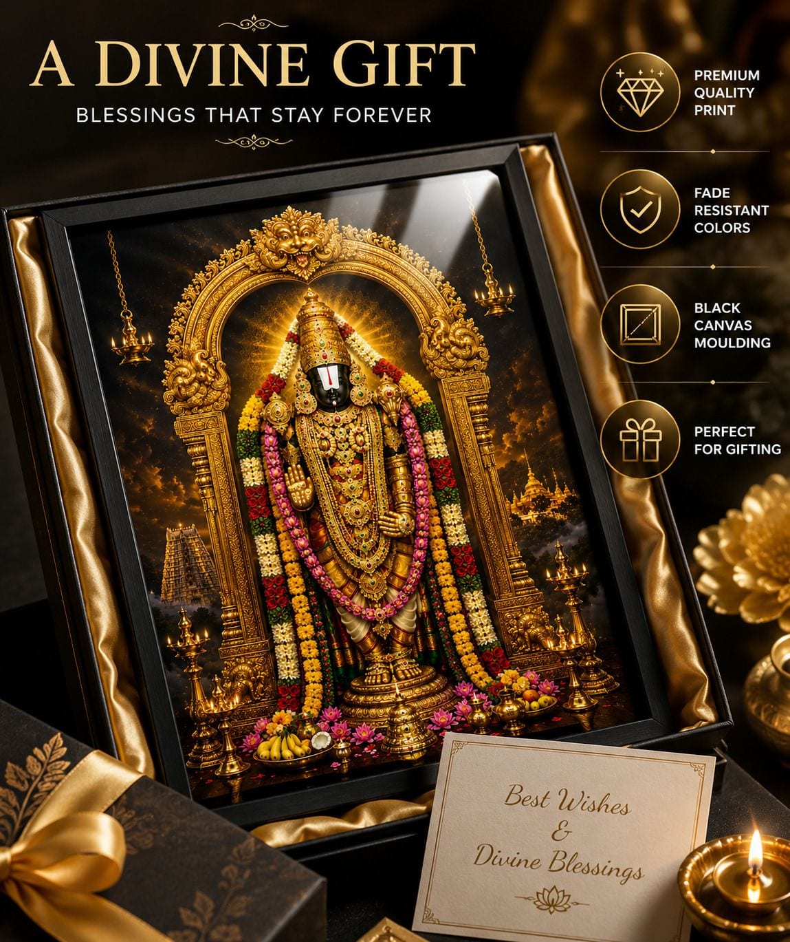 Tirupati Balaji HD Glossy MDF Painting with Black Canvas Frame — 45x30 cm